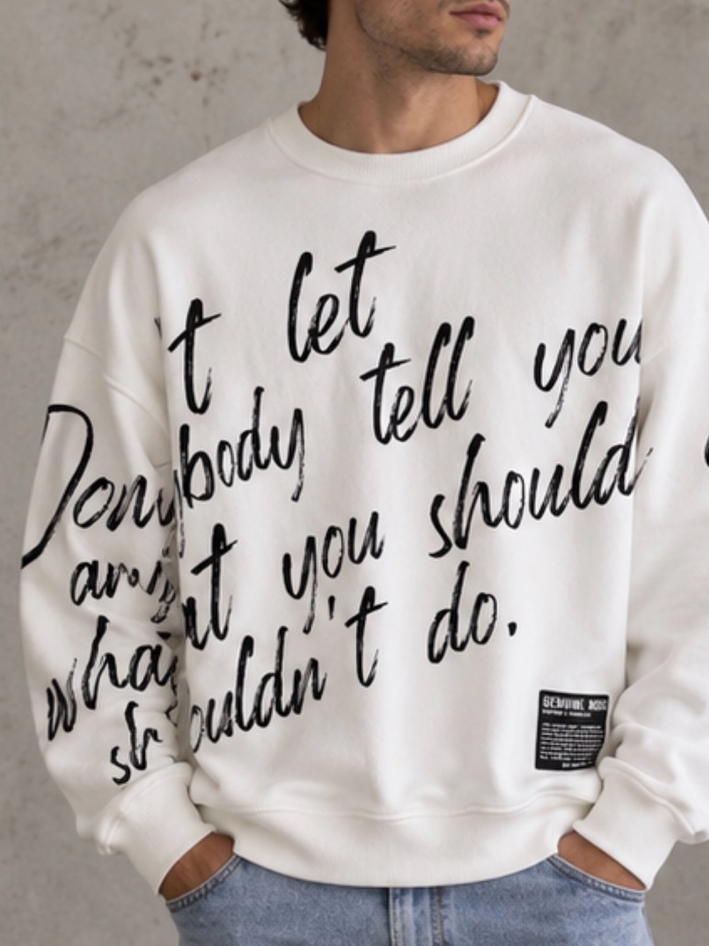 Zara Genuine Mood Graphic Sweatshirt White Black Script Oversized Crewneck XL